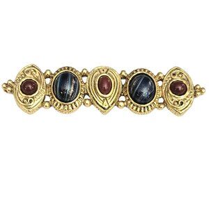 1928 Jewelry Gold Tone Blue Sparkle Art Glass Cab Bar Brooch Pin M477